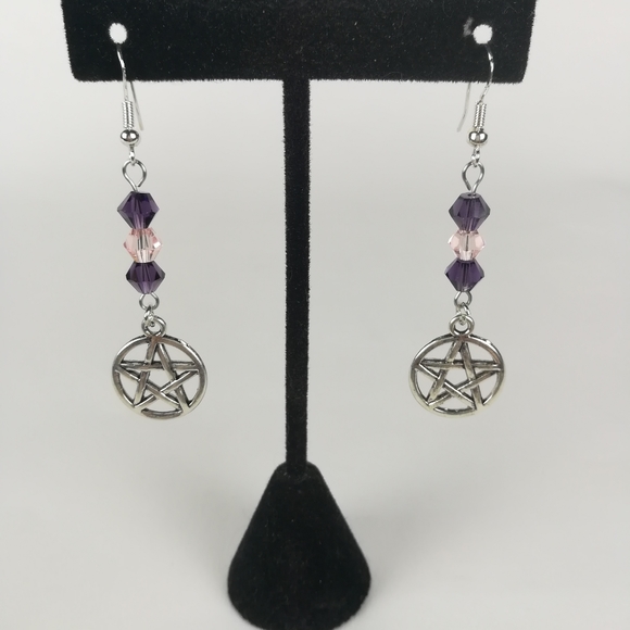 Simple pentacle earrings pink & purple faceted glass beads witchy pagan new age - Picture 2 of 3